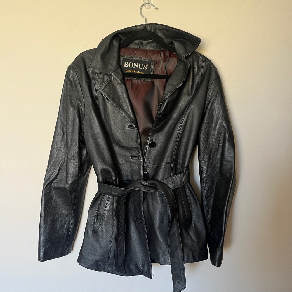 Italian Inspired Black Leather Jacket with Belted Waist